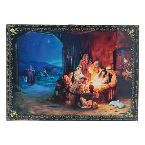 Caja decoupage rusa papel maché El Nacimiento de Jesús Cristo y Adoración de los Magos 22x16 cm 1