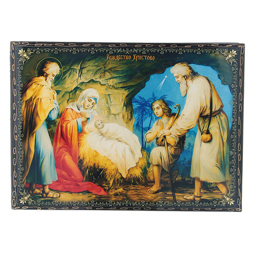 Caja decoupage papel maché rusa El Nacimiento de Jesús Cristo 22x16 cm 1