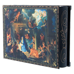 Scatola decoupage russa cartapesta La Nascita di Gesù Cristo e Adorazione dei Magi 22X16 cm