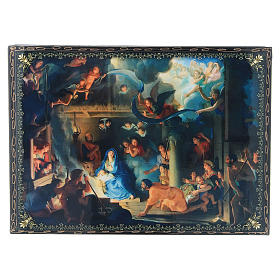 Caixa découpage russa papel-machê Nascimento de Jesus Cristo Adoração dos Reis Magos 22x16 cm