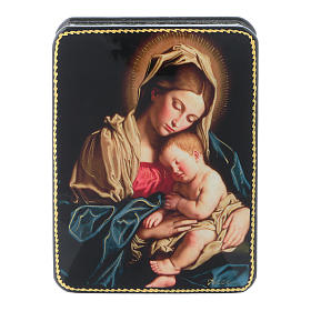 Russian papier-machè box Our Lady with Baby Jesus of Sassoferrato Fedoskino style 11x8 cm