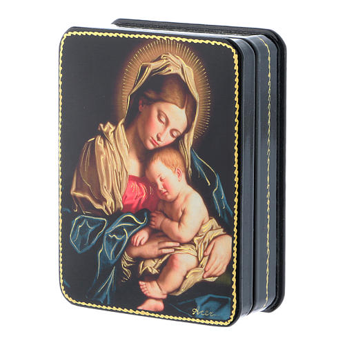 Russian papier-machè box Our Lady with Baby Jesus of Sassoferrato Fedoskino style 11x8 cm 2