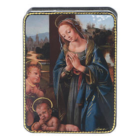 Russische Lackdose aus Papiermaché Madonna mit dem Kinde und dem Johannesknaben im Fedoskino-Stil 11x8 cm