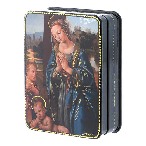 Russische Lackdose aus Papiermaché Madonna mit dem Kinde und dem Johannesknaben im Fedoskino-Stil 11x8 cm 2