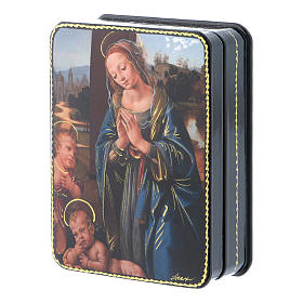 Russian papier machè and lacquer box Our Lady with Baby Jesus San Giovannino Fedoskino style 11x8 cm