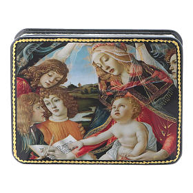 Laca russa papel-machê A Virgem e o Menino com seis anjos style Fedoskino 11x8 cm
