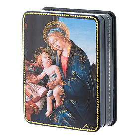 Russische Lackdose aus Papiermaché Madonna mit dem Buch im Fedoskino-Stil 11x8 cm