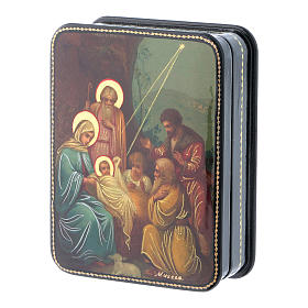 Russische Lackdose aus Papiermaché Geburt Jesu Christi im Fedoskino-Stil 11x8 cm