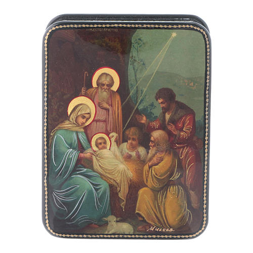 Caixa russa papel-machê Nascimento Cristo ícone style Fedoskino 11x8 cm 1