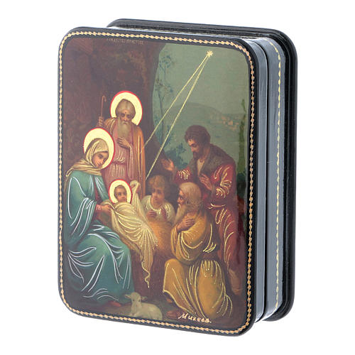 Caixa russa papel-machê Nascimento Cristo ícone style Fedoskino 11x8 cm 2