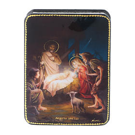 Caixa russa papel-machê Nascimento de Cristo estilo Fedoskino 11x8 cm