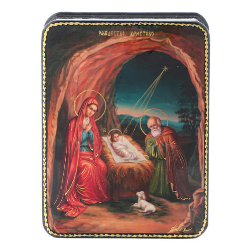 Russian papier- machè and lacquer box the Birth of Christ Fedoskino style 11x8 cm 1