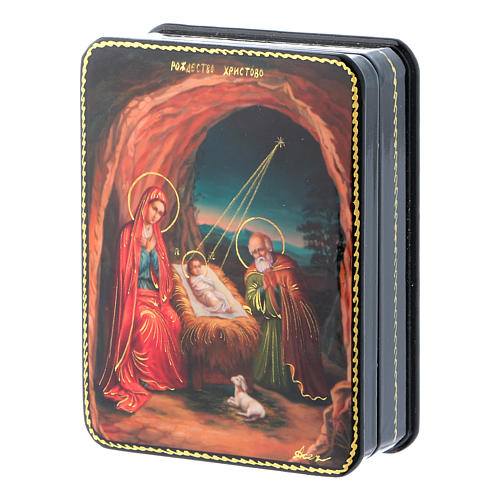 Russian papier- machè and lacquer box the Birth of Christ Fedoskino style 11x8 cm 2