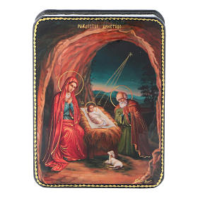 Russian papier- machè and lacquer box the Birth of Christ Fedoskino style 11x8 cm