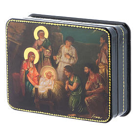 Russian papier- machè and lacquer box The Birth of Christ Fedoskino style 11x8 cm