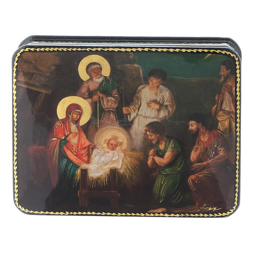 Russian papier- machè and lacquer box The Birth of Christ Fedoskino style 11x8 cm 1