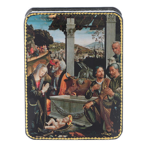 Russian papier- machè box The Adoration of the Shepherds Fedoskino style 11x8 cm 1