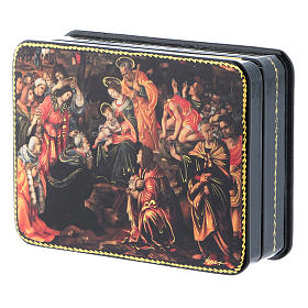 Russian papier- machè and lacquer box The Adoration of the Three Wise Men Fedoskino style 11x8 cm