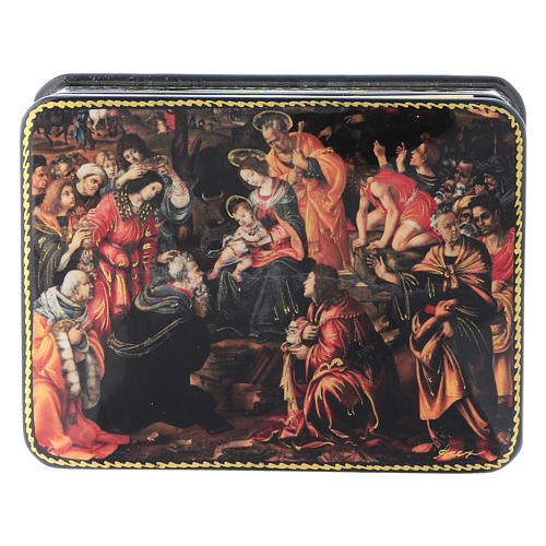 Russian papier- machè and lacquer box The Adoration of the Three Wise Men Fedoskino style 11x8 cm 1