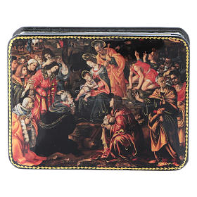 Russian papier- machè and lacquer box The Adoration of the Three Wise Men Fedoskino style 11x8 cm