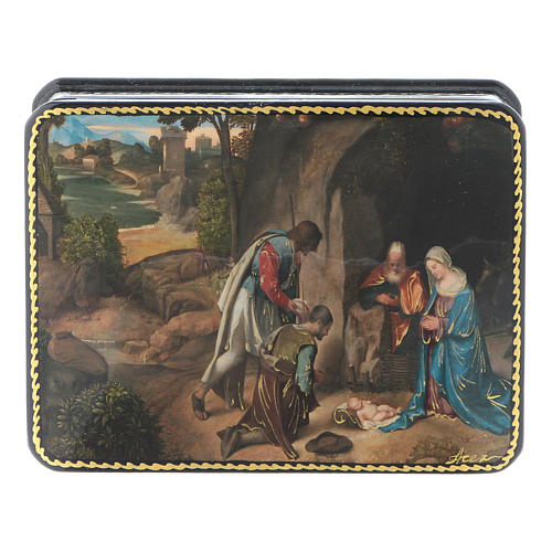 Russian Papier-mâché box The Adoration of the Shepherds Fedoskino style 11x8 1