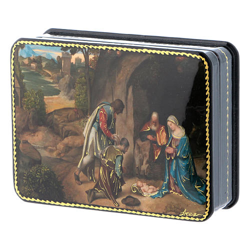 Russian Papier-mâché box The Adoration of the Shepherds Fedoskino style 11x8 2