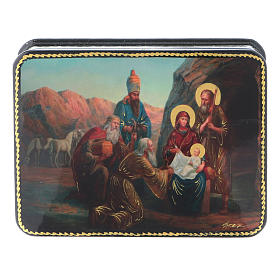 Russische Lackdose, aus Papiermaché Geburt Christi und Anbetung der Könige im Fedoskino-Stil 11x8 cm