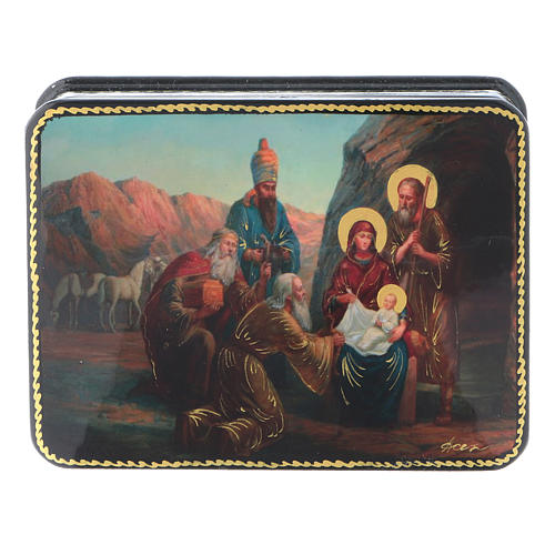 Russische Lackdose, aus Papiermaché Geburt Christi und Anbetung der Könige im Fedoskino-Stil 11x8 cm 1