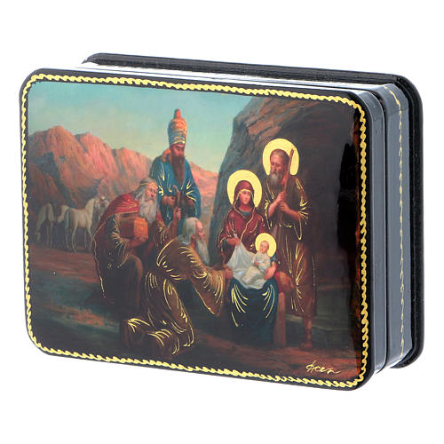 Russische Lackdose, aus Papiermaché Geburt Christi und Anbetung der Könige im Fedoskino-Stil 11x8 cm 2