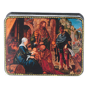 Russische Lackdose aus Papiermaché Anbetung der Könige nach Dürer 11x8 cm im Fedoskino-Stil