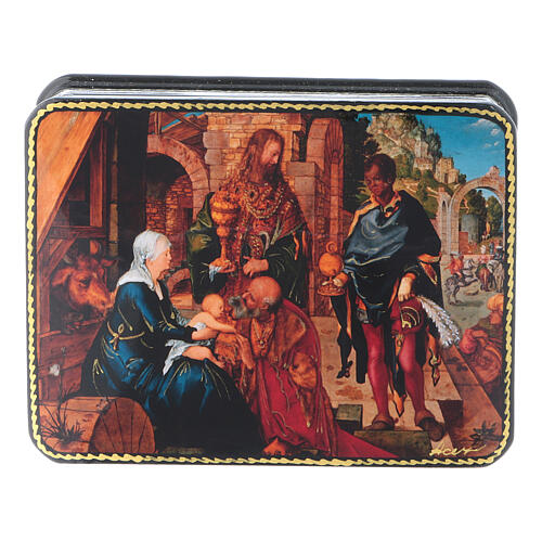 Rosyjska szkatułka Adoracja Trzech Króli, styl Dürer Fedoskino, 11x8 cm 1