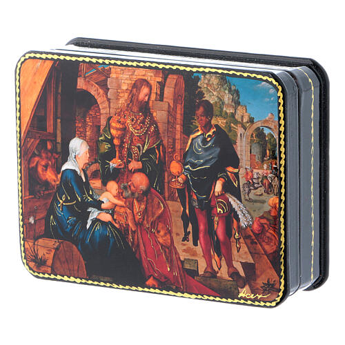 Rosyjska szkatułka Adoracja Trzech Króli, styl Dürer Fedoskino, 11x8 cm 2