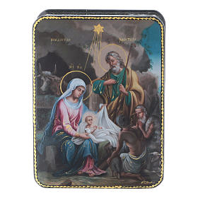 Russische Lackdose aus Papiermaché Geburt Christi im Fedoskino-Stil 11x8 cm