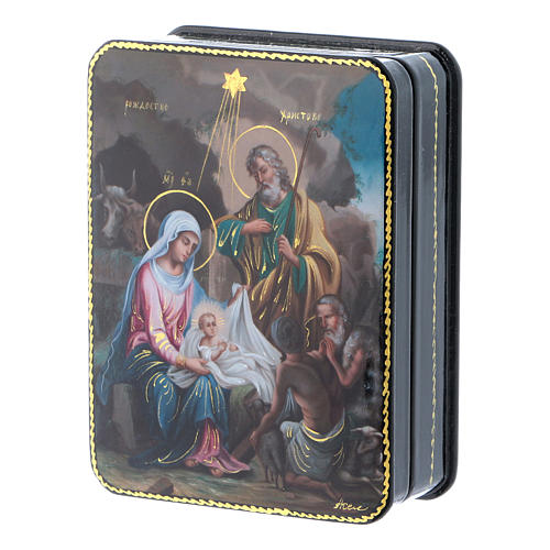 Laca russa papel-machê reprodução Nascimento Cristo estilo Fedoskino 11x8 cm 2