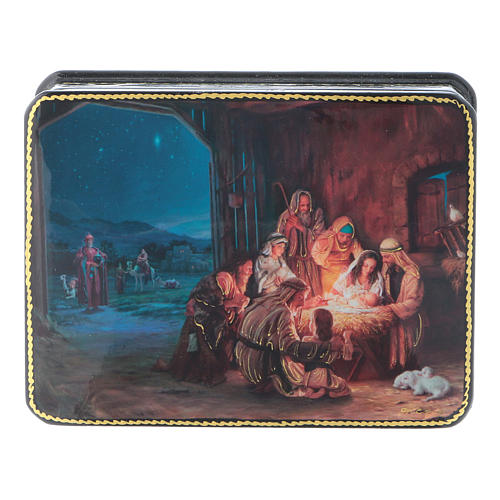 Russische Lackdose aus Papiermaché Geburt Christi und Anbetung im Fedoskino-Stil 11x8 cm 1