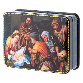Russische Lackdose aus Papiermaché Geburt Christi nach Murillo im Fedoskino-Stil 11x8 cm