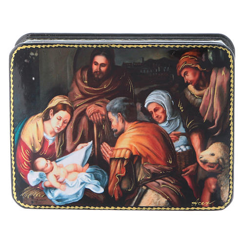 Russische Lackdose aus Papiermaché Geburt Christi nach Murillo im Fedoskino-Stil 11x8 cm 1