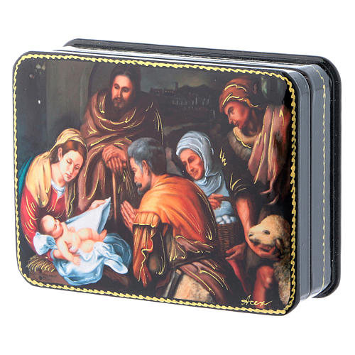 Russische Lackdose aus Papiermaché Geburt Christi nach Murillo im Fedoskino-Stil 11x8 cm 2