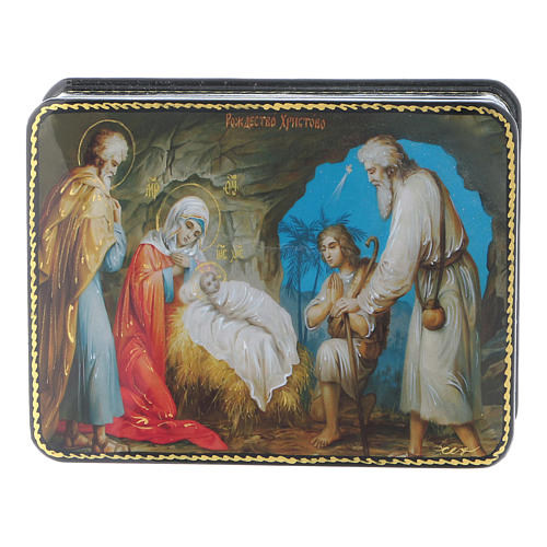 Russische Lackdose aus Papiermaché Geburt Christi unbekannter Meister im Fedoskino-Stil 11x8 cm 1