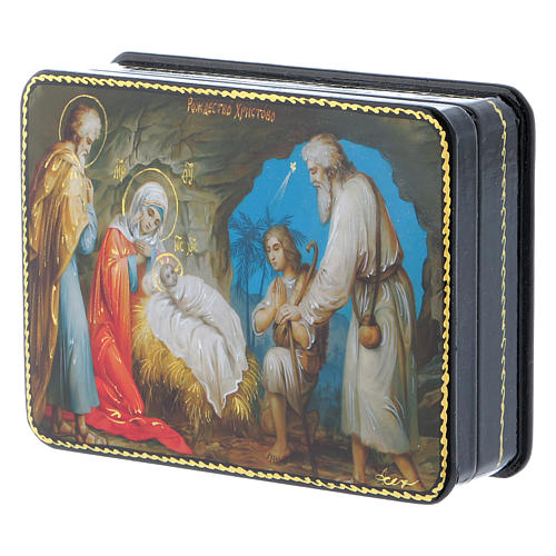 Russische Lackdose aus Papiermaché Geburt Christi unbekannter Meister im Fedoskino-Stil 11x8 cm 2