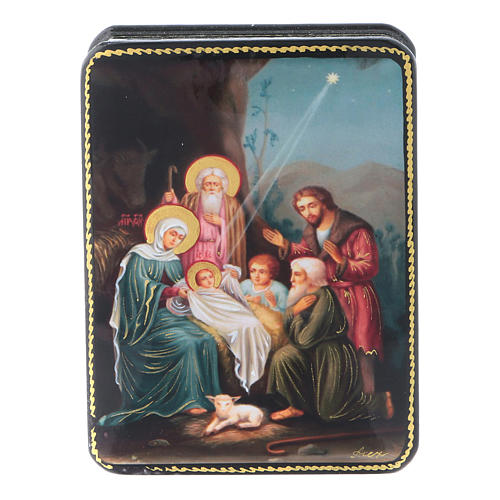 Russische Lackdose aus Papiermaché Geburt Christi Reproduktion 11x8 cm im Fedoskino-Stil 1