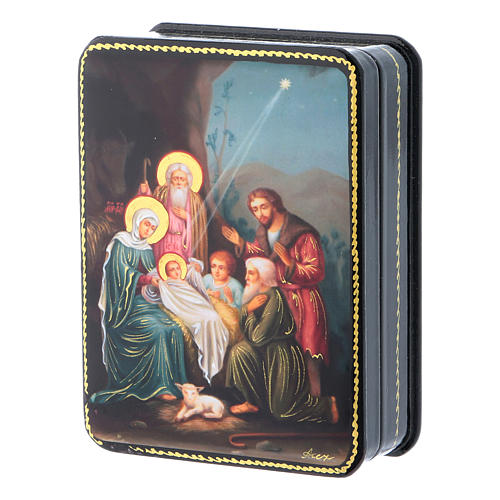 Russische Lackdose aus Papiermaché Geburt Christi Reproduktion 11x8 cm im Fedoskino-Stil 2