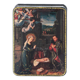 Russische Lackdose aus Papiermaché Geburt Christi nach David im Fedoskino-Stil 11x8 cm
