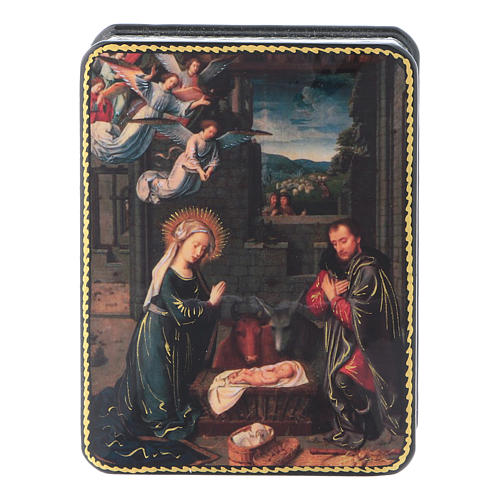 Russian papier machè and lacquer box The Birth Of Christ of David Fedoskino style 11x8 cm 1