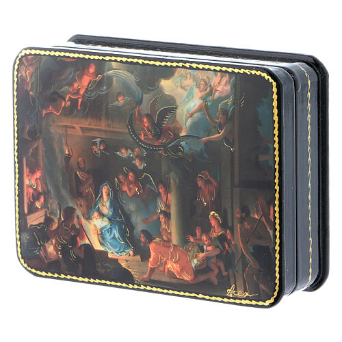 Rosyjska szkatułka Narodzenie Chrystusa i Adoracja Trzech Króli, styl Fedoskino, 11x8 cm 2