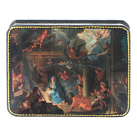 Russian papier-machè and lacquer box The Birth of Christ and the Adoration of the Three Wise Men 11x8 cm Fedoskino style
