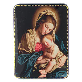 Russian papier machè and lacquer box Our Lady with Baby Jesus of Sassoferrato Fedoskino style 15x11 cm.