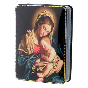 Russian papier machè and lacquer box Our Lady with Baby Jesus of Sassoferrato Fedoskino style 15x11 cm.