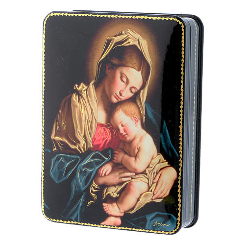Russian papier machè and lacquer box Our Lady with Baby Jesus of Sassoferrato Fedoskino style 15x11 cm. 2