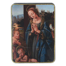 Russische Lackdose aus Papiermaché Madonna mit dem Kinde und dem Johannesknaben im Fedoskino-Stil 15x11 cm